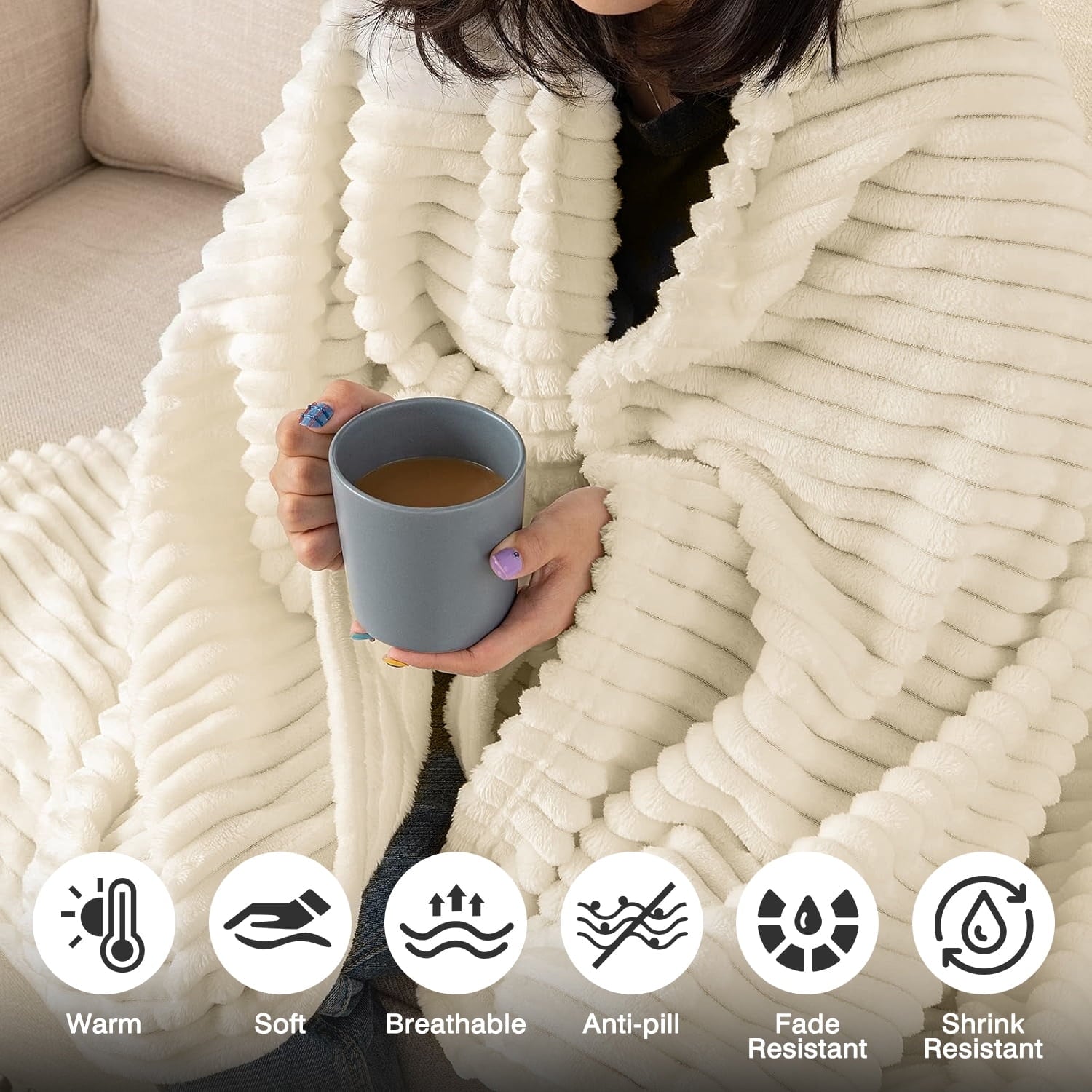 Cozy Fleece Throw Size Blanket for Couch, Sofa, Bed, Striped Beige Throw Blanket for Office Picnic Travel Bedroom, Super Soft War... - Super Soft Reversible Sherpa Flannel Blanket Detail