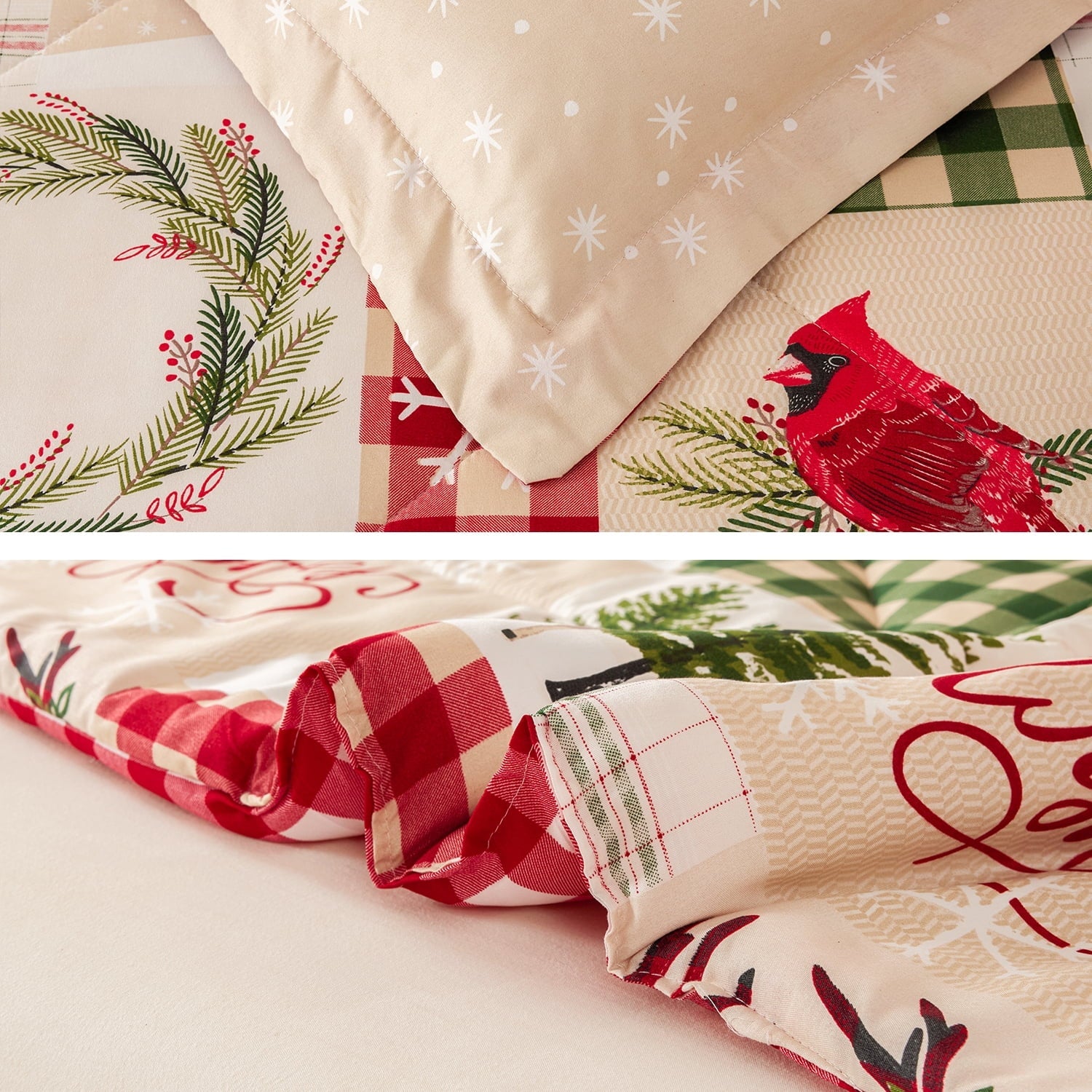 Fluffy Down Alternative 3 Pcs Christmas Comforter Set, Bed in a Bag Wreath Snowman Queen/Full Size Xmas Bedding Set Fitted Pillowcases for Adult - Cloud-Like Soft Lightweight Bed Comforter Detail