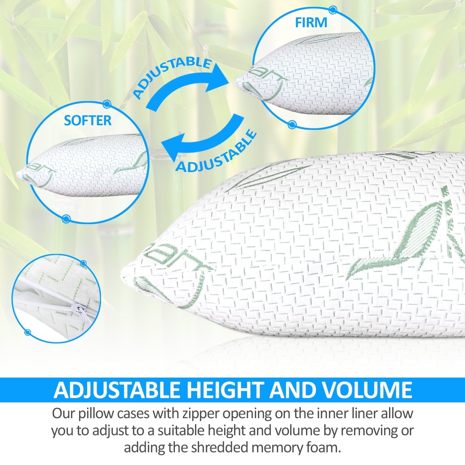 Ergonomic Memory Foam Queen Size Bamboo Pillow, Memory Foam Bed Pillows with Washable Pillowcases, Queen - Decorative Throw Pillow Cushion for Sofa & Bed Detail