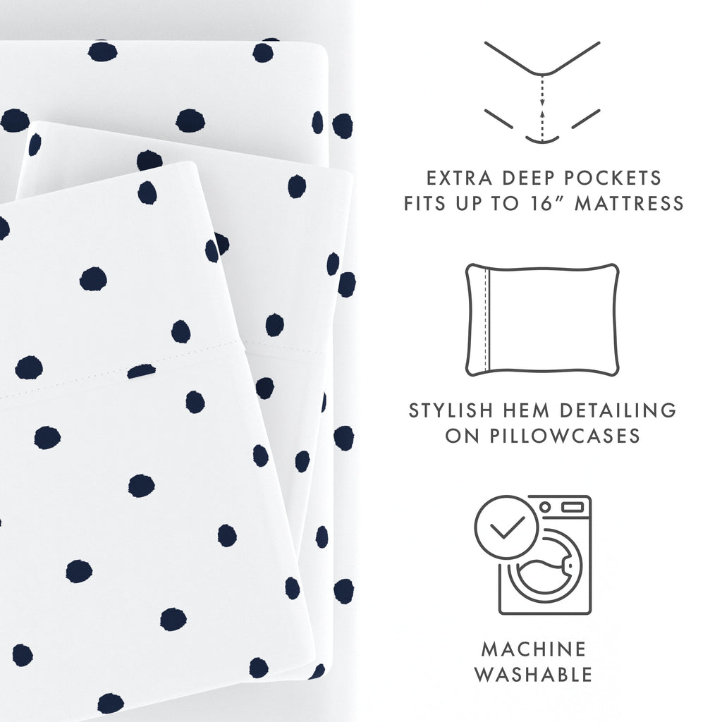 Premium Egyptian Cotton 4 Piece Pattern Microfiber Bed Sheets Set, Navy Dots, California King - Luxury Bed Sheet Set with Deep Pockets Detail