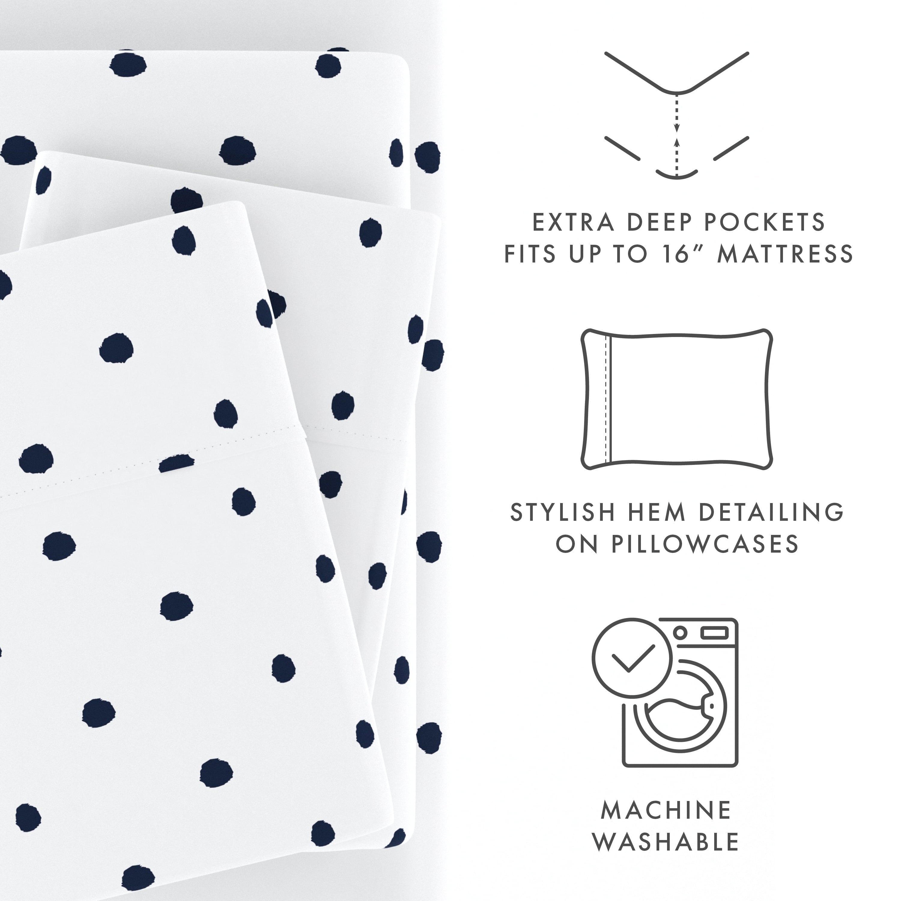 Premium Egyptian Cotton 4 Piece Pattern Microfiber Bed Sheets Set, Navy Dots, California King - Luxury Bed Sheet Set with Deep Pockets Detail