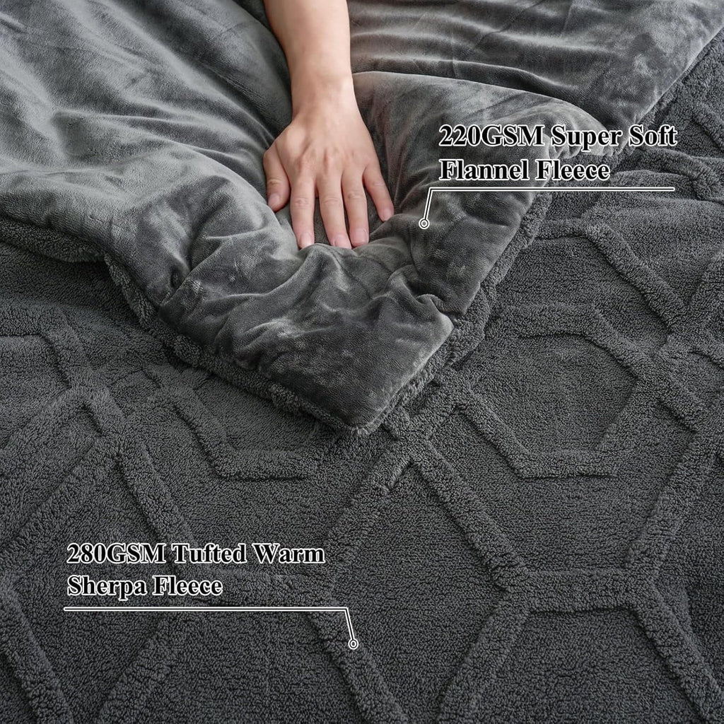 Hypoallergenic Cloud Warm Sherpa Fleece Queen Comforter Set, 3D Tufted Fluffy Dark Grey Bedding for Winter, Soft 3 Pieces Shaggy Bed Set, ... - Luxurious Quilted Duvet Cover Set Detail