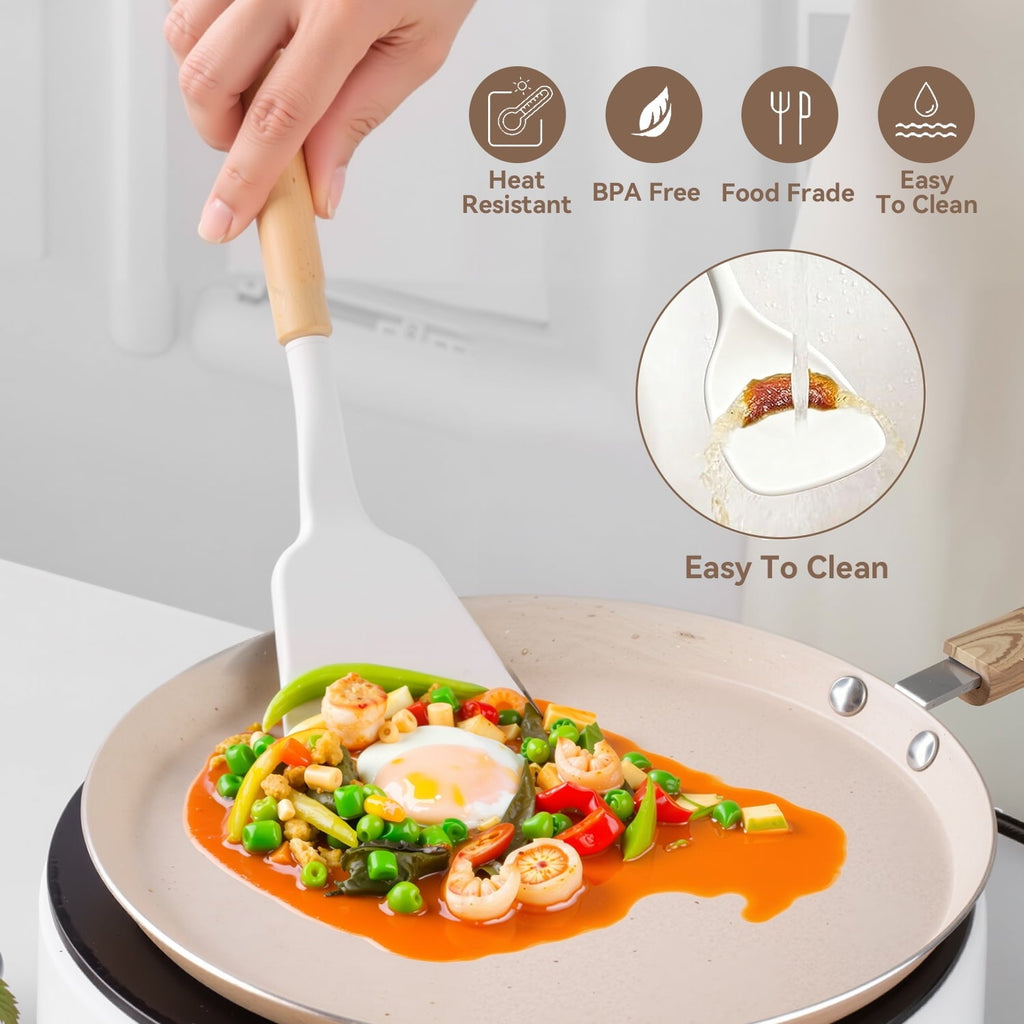 Premium Silicone Kitchen Utensils Set for Cooking, 11 Cooking Utensils, 6 Knife set Beige,3 Utensil Sets,utensilios de cocina - Heat-Resistant Silicone Cooking Spatula Turner Detail