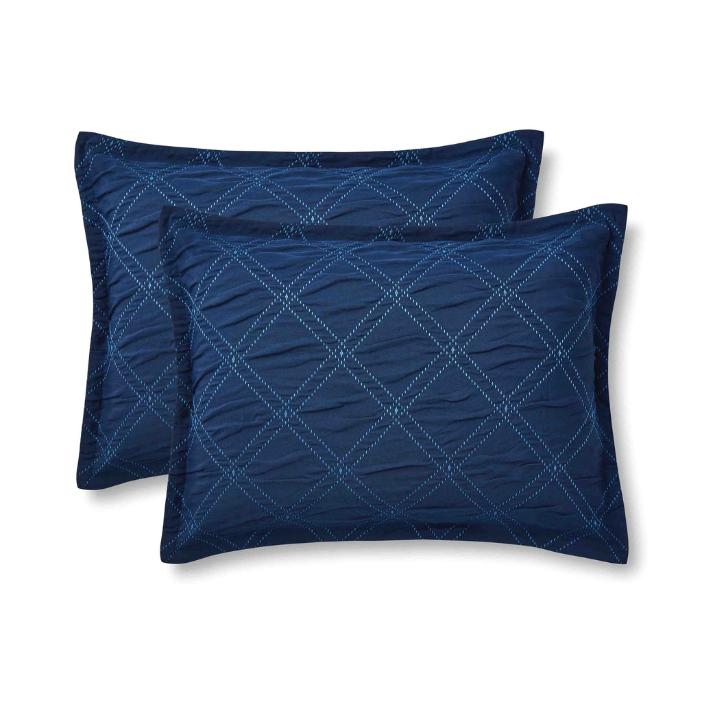 Heavyweight Warmth 5-Piece Reversible Comforter Set Navy Cross Stitch Bedding with Decor Pillow and Throw, Full/Queen - All-Season Down Alternative Comforter Insert Detail