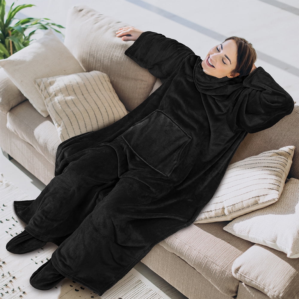Reversible Sherpa Fleece Blanket with Sleeves, Foot Pockets for Women Men Adults, Plush Wearable Blanket Throw Wrap, Warm Snuggle Blank... - Super Soft Reversible Sherpa Flannel Blanket Detail
