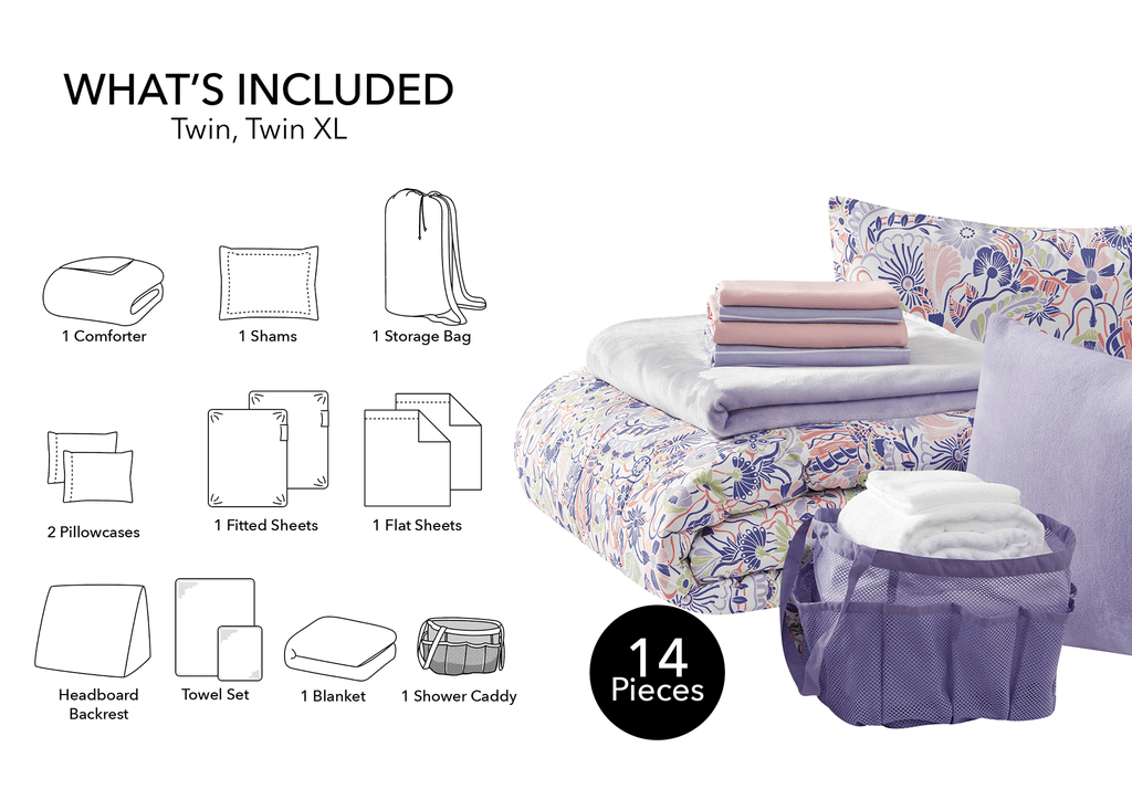 Fluffy Down Alternative 14pc College Dorm Essentials Bundle, Twin-XL, Reversible Bed in a Bag Comforter Set, Purple Floral - All-Season Down Alternative Comforter Insert Detail