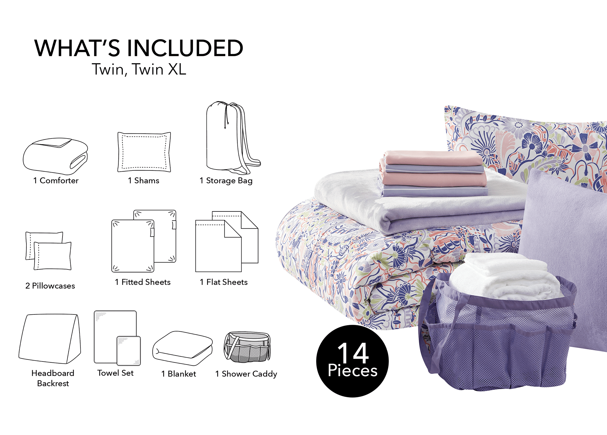 Fluffy Down Alternative 14pc College Dorm Essentials Bundle, Twin-XL, Reversible Bed in a Bag Comforter Set, Purple Floral - All-Season Down Alternative Comforter Insert Detail