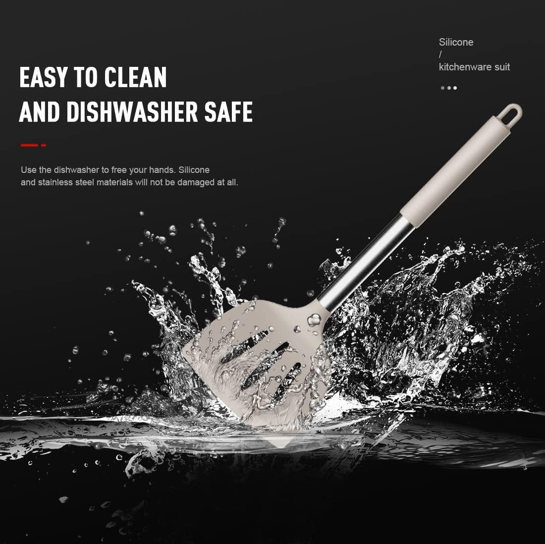 Heat-Resistant Large Silicone Cooking Utensils Set - Heat Resistant Kitchen Utensils,Turner Tongs,Spatula,Spoon,Brush,Whisk,Stainles... - Heat-Resistant Silicone Cooking Spatula Turner Detail