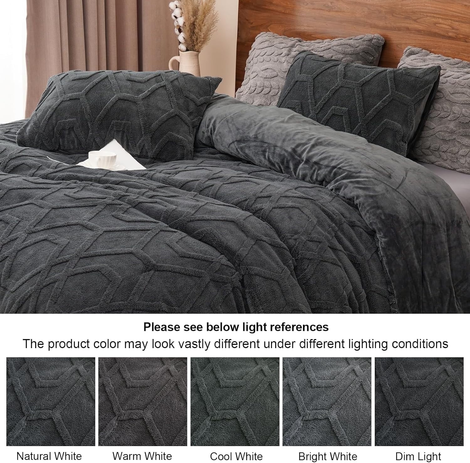 Hypoallergenic Cloud Warm Sherpa Fleece Queen Comforter Set, 3D Tufted Fluffy Dark Grey Bedding for Winter, Soft 3 Pieces Shaggy Bed Set, ... - Luxurious Quilted Duvet Cover Set Detail