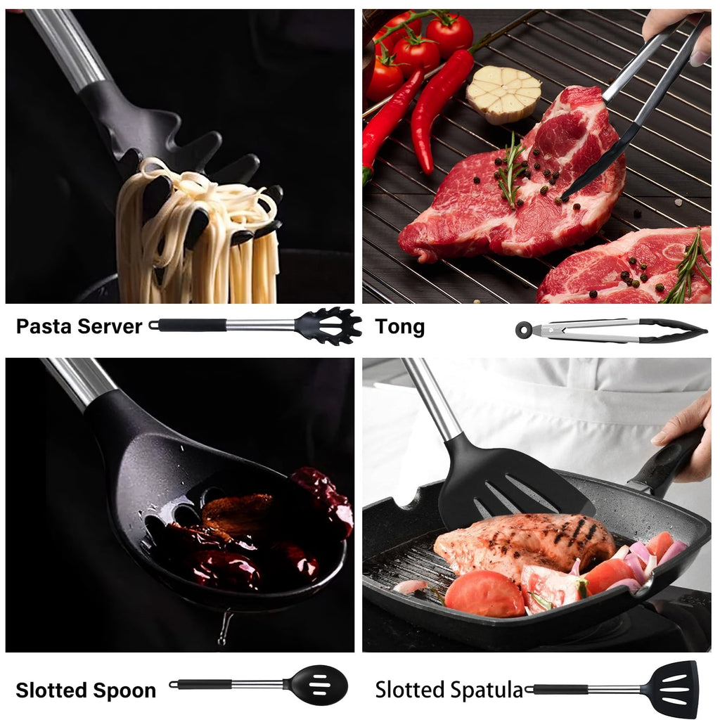 Seamless One-Piece Silicone Cooking Utensils Set, 26 Pcs, Heat Resistant Kitchen Utensils Set, Black - Durable Turner & Ladle Utensil Set for Home Chefs Detail