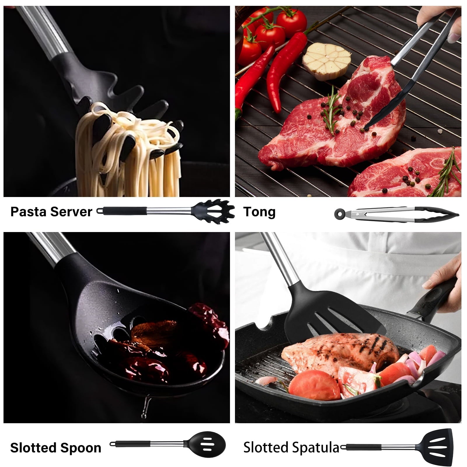 Chef-Quality Silicone Cooking Utensils Set, 26 Pcs, Heat Resistant Kitchen Utensils Set, Black - Multi-Purpose Hand Tool for Daily Meal Prep Detail