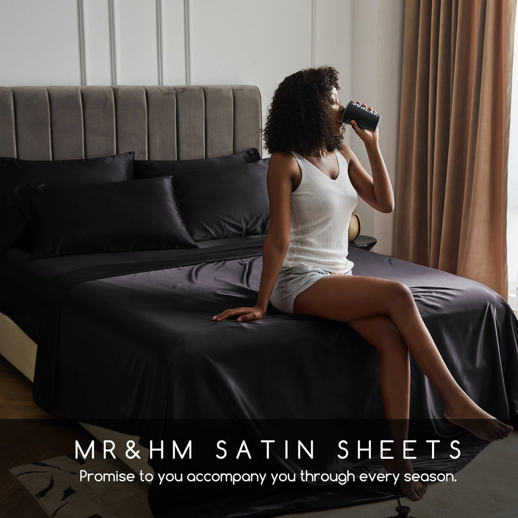 Cooling Sateen Set Queen 4 Pcs, Silky Elegant Luxurious Queen Size Bed s, with Flat , Deep Pocket Fitted for Mattress and Matching P... - Luxury Bed Sheet Set with Deep Pockets Detail