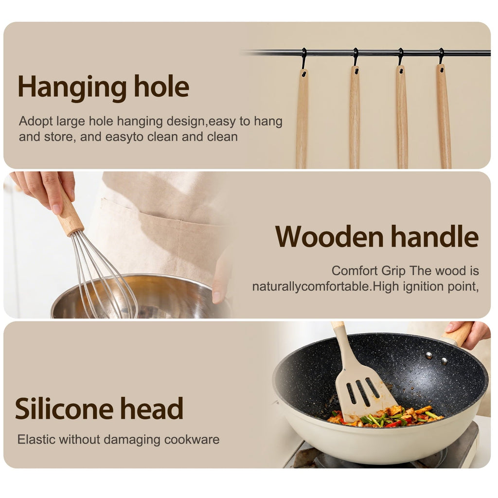 Seamless One-Piece Silicone Cooking Utensils Set, Heat Resistant Kitchen Tools, 36 PCS Non-Stick Silicone Cooking Kitchen Utensils, Khaki - Premium Stainless Steel Cooking Utensil for Non-Stick Pots Detail