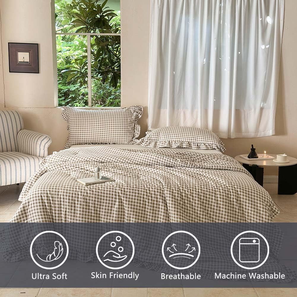Luxurious Quilted Tan Gingham Ruffle Queen Comforter Set, Taupe Ruffled Plaid Bedding Set, Ruffled Checked Bed Comforter 3 Pieces(Tan G... - Luxurious Quilted Duvet Cover Set Detail