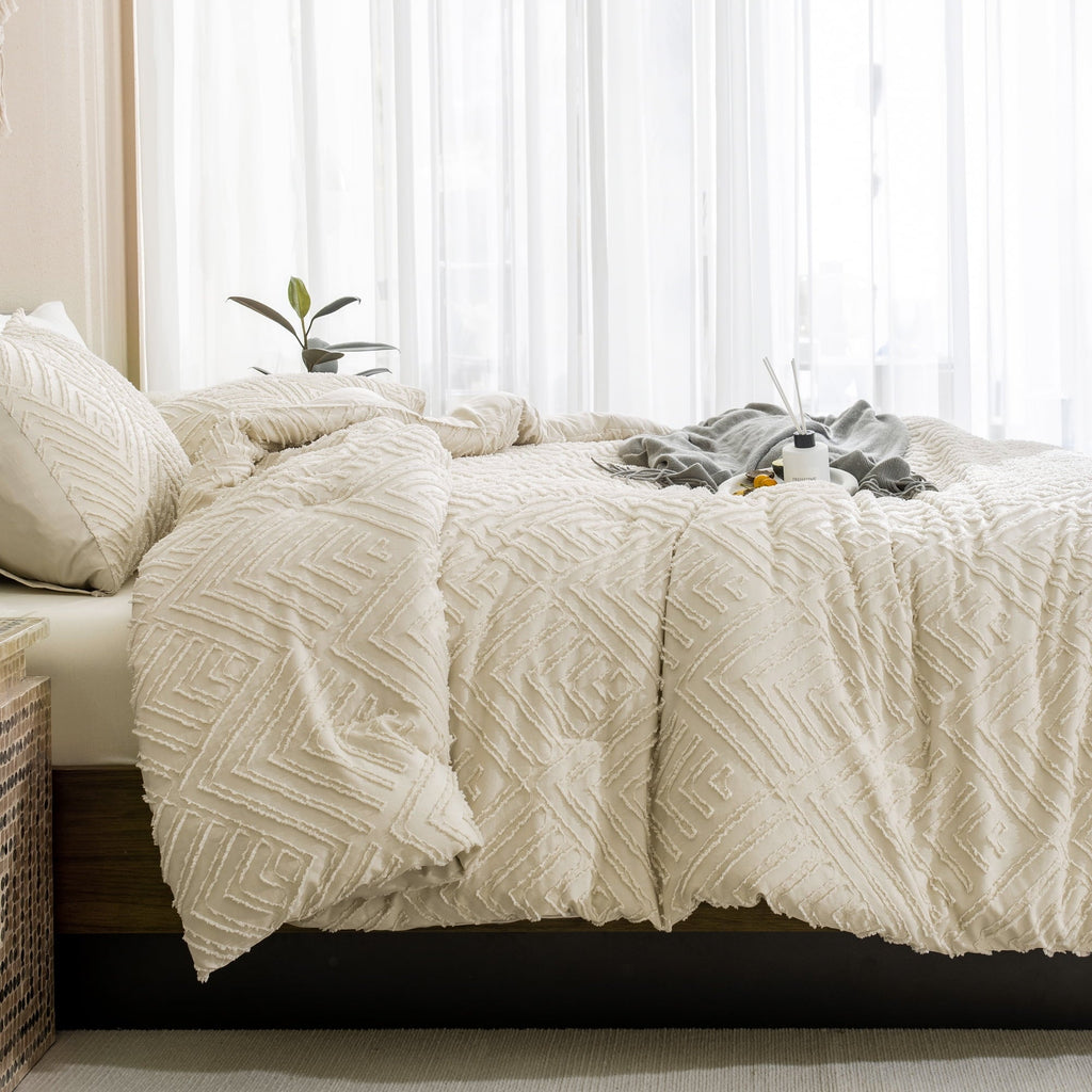 All-Season King Size Comforter Sets Beige - 3 Pieces Cream Boho Bedding Comforter Set for King Bed - Soft Fluffy Tufted Textured... - All-Season Down Alternative Comforter Insert Detail