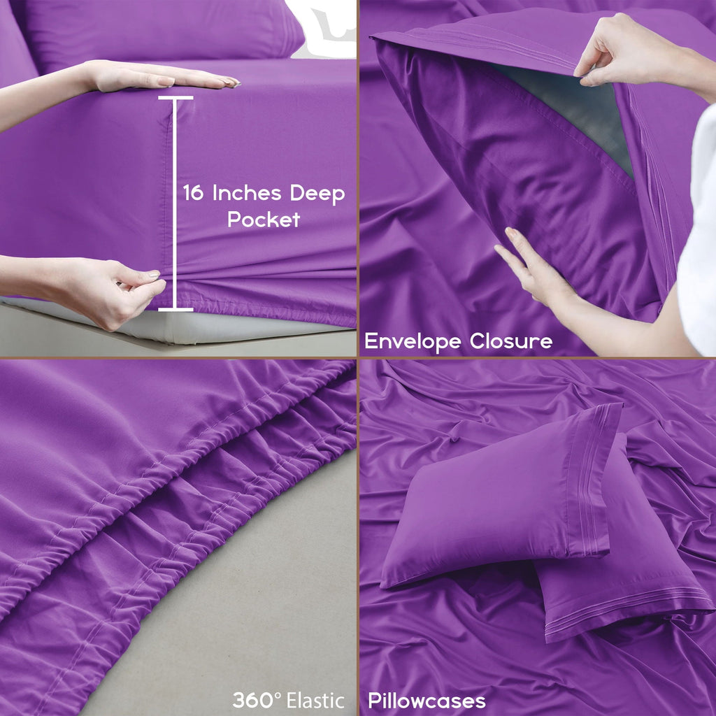 Ultra-Soft King Bed Sheets - 16 Inch Deep Pocket 6 Piece Microfiber Bedding Sheets & Pillowcase Sets - Purple - Premium Ultra-Soft Pillowcase Pair for Sleeping Detail