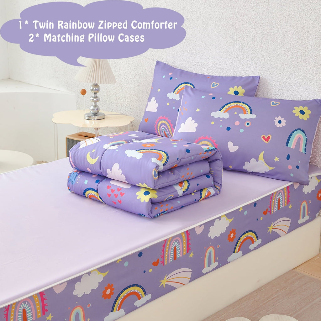 Luxurious Quilted Zipper Kids Comforter Set, 3-Piece Purple Twin Bed in a Bag, Cartoon Rainbow Stars Flowers Printed Zip Up Comforter S... - Luxurious Quilted Duvet Cover Set Detail