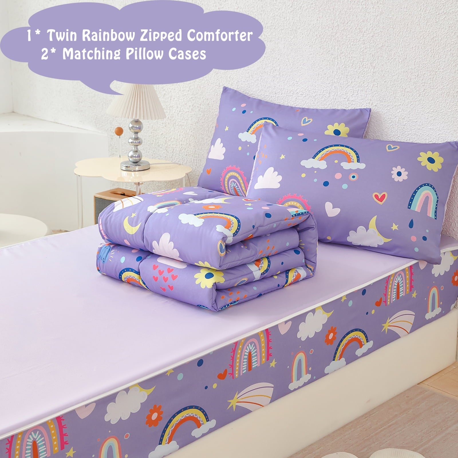 Luxurious Quilted Zipper Kids Comforter Set, 3-Piece Purple Twin Bed in a Bag, Cartoon Rainbow Stars Flowers Printed Zip Up Comforter S... - Luxurious Quilted Duvet Cover Set Detail