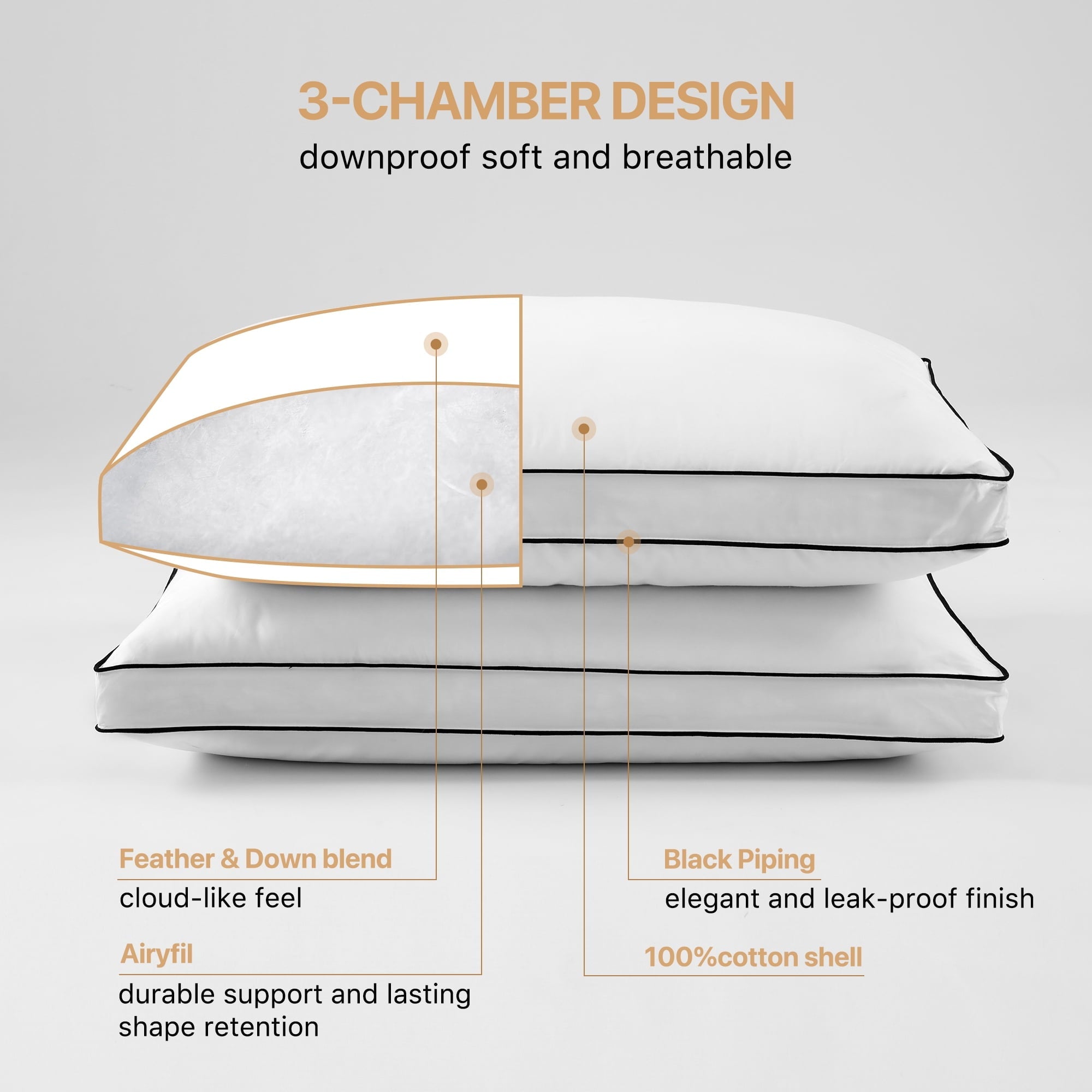Hotel Collection Gusseted Feather Down Pillow Set of 2, Medium Firm Hotel Bed Pillows 2 Pack, Queen Size for Side Sleepers, 20 x 30 in - Orthopedic Shredded Foam Bed Pillow Set Detail