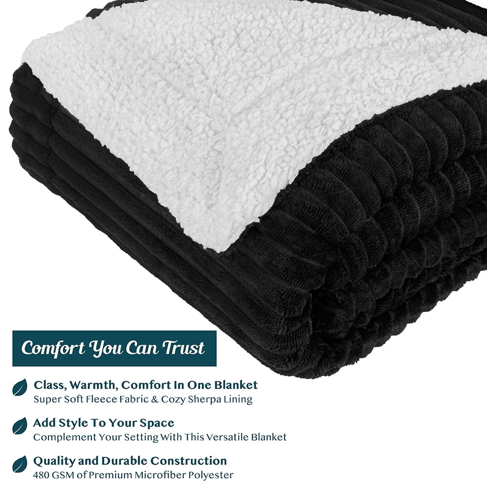 Decorative Knitted Reversible Sherpa Fleece Throw Blanket Black, Plush Flannel Throw, Ultra Soft Warm Ribbed Microfiber Blanket for Sofa... - Cozy Fleece Throw Blanket for Couch & Bed Detail