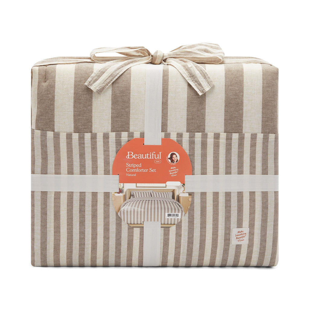 Fluffy Down Alternative 100% Cotton Striped 3-Piece Natural Comforter Set, Full/Queen - All-Season Down Alternative Comforter Insert Detail