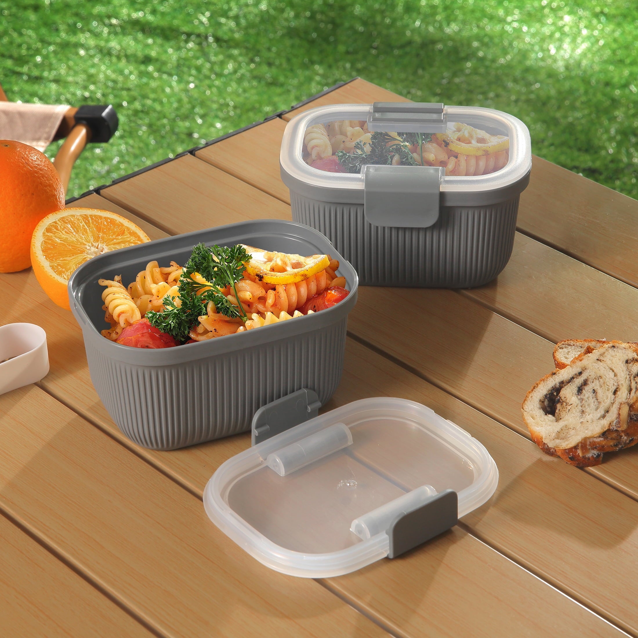 Sweet Treat Shaped Plastic Food Storage Bento Snack Container, Rectangle, Grey, 19oz Capacity, Made for Portable Food Storage - Playful Star & Heart Shaped Geometric NeeDoh Detail