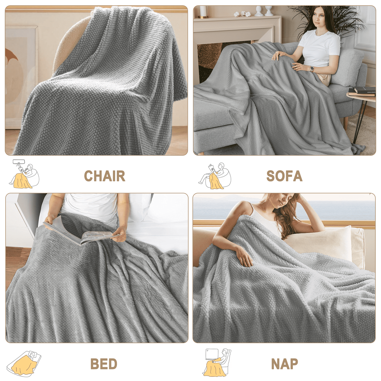 Reversible Sherpa Throw Blanket, Decorative Throws with Waffle Wave Design, Super Soft Plush Fuzzy Blankets , Luxury Lightweight and Br... - Luxury Knitted Decorative Throw Blanket with Fringes Detail