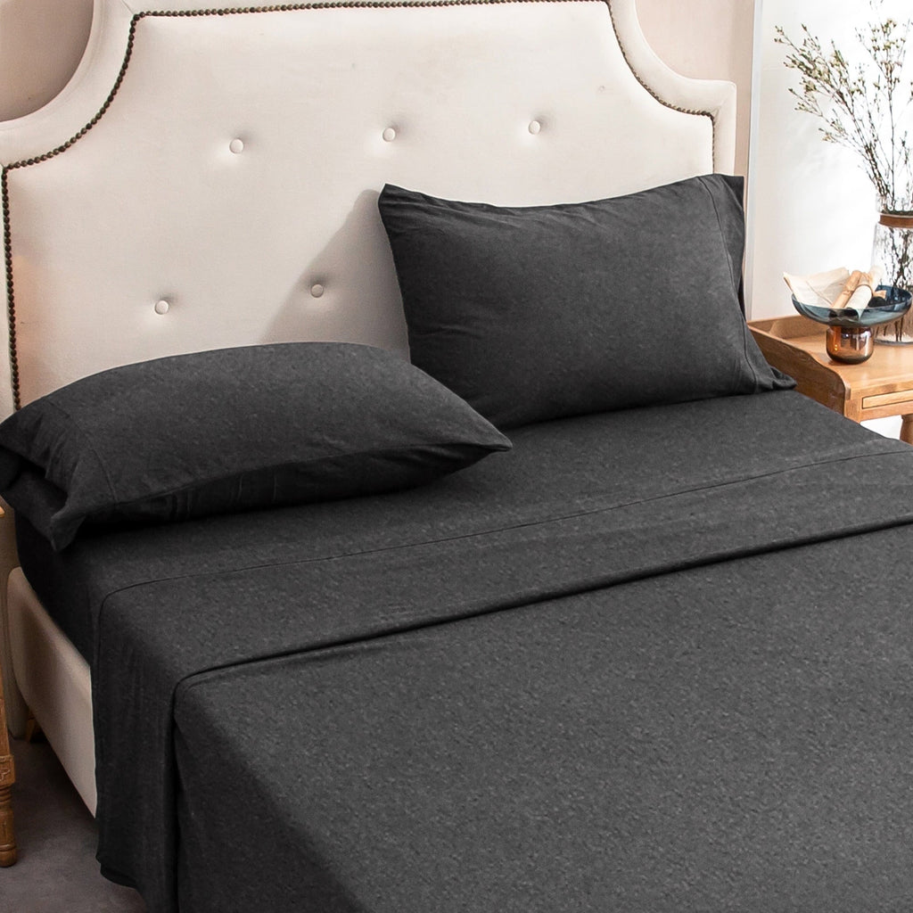 Cooling Sateen 100% Cotton Jersey Knit 4pc Bed Sheet Set Extra Deep Pocket up to 20" Charcoal Gray Queen - Premium Ultra-Soft Pillowcase Pair for Sleeping Detail