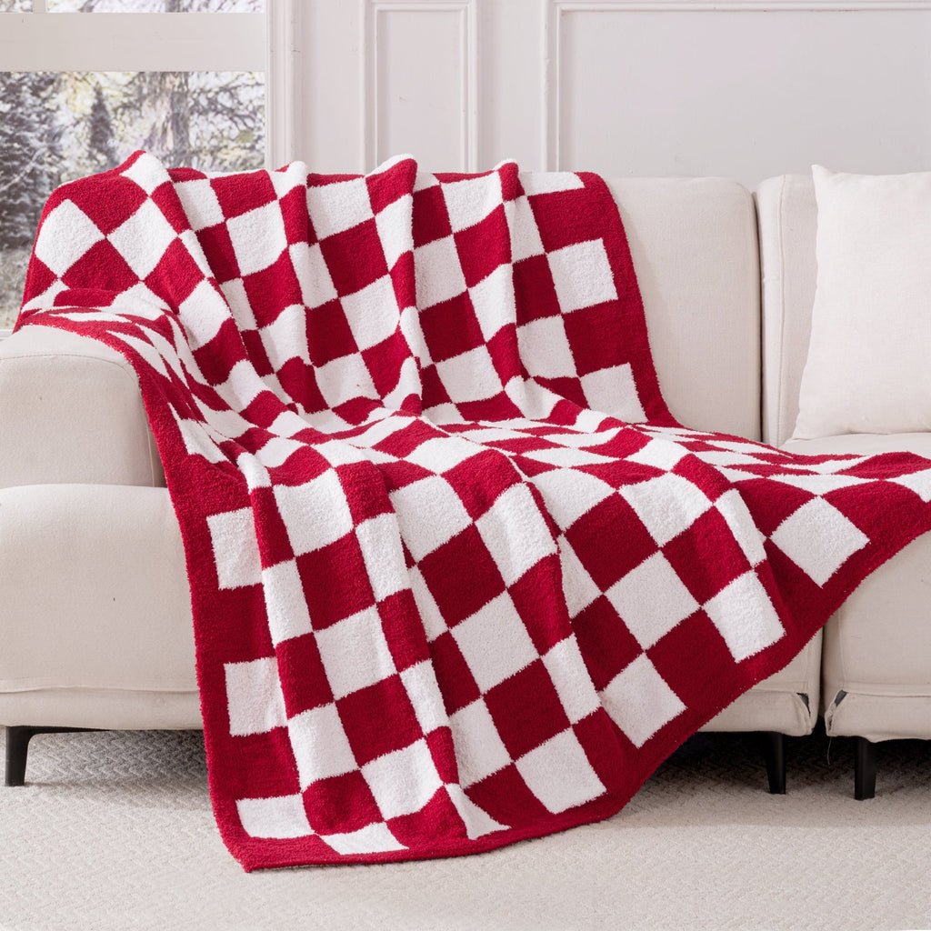 Lightweight Warm Checkered Knit Throw Blanket, Ultra Soft Cozy Fluffy Checkerboard Blankets, Lightweight Fuzzy Plush Throw for Couch a... - Luxury Knitted Decorative Throw Blanket with Fringes Detail