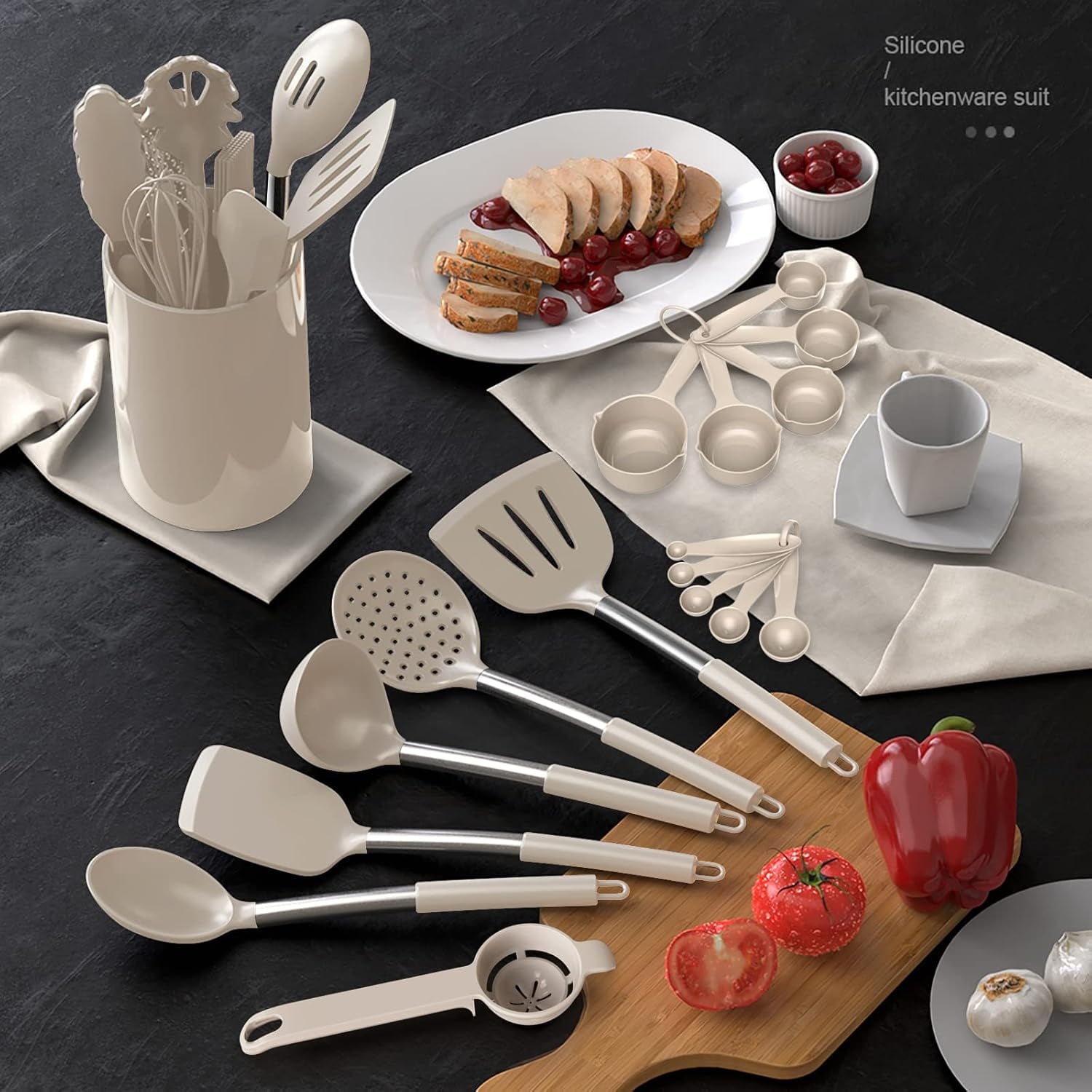 Heat-Resistant Large Silicone Cooking Utensils Set - Heat Resistant Kitchen Utensils,Turner Tongs,Spatula,Spoon,Brush,Whisk,Stainles... - Heat-Resistant Silicone Cooking Spatula Turner Detail