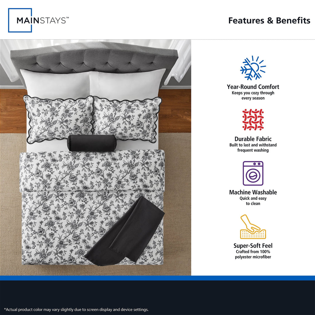 Fluffy Down Alternative Floral Scallop 4-Piece White/Black Comforter Set, Twin/Twin XL - All-Season Down Alternative Comforter Insert Detail