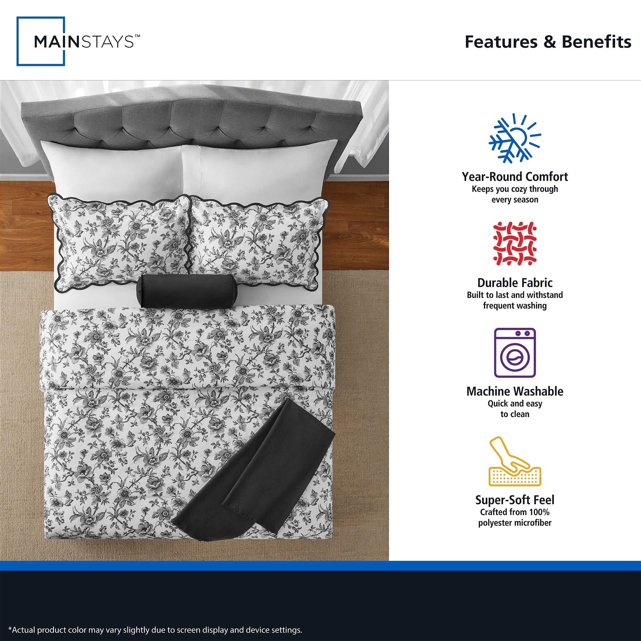 Fluffy Down Alternative Floral Scallop 4-Piece White/Black Comforter Set, Twin/Twin XL - All-Season Down Alternative Comforter Insert Detail
