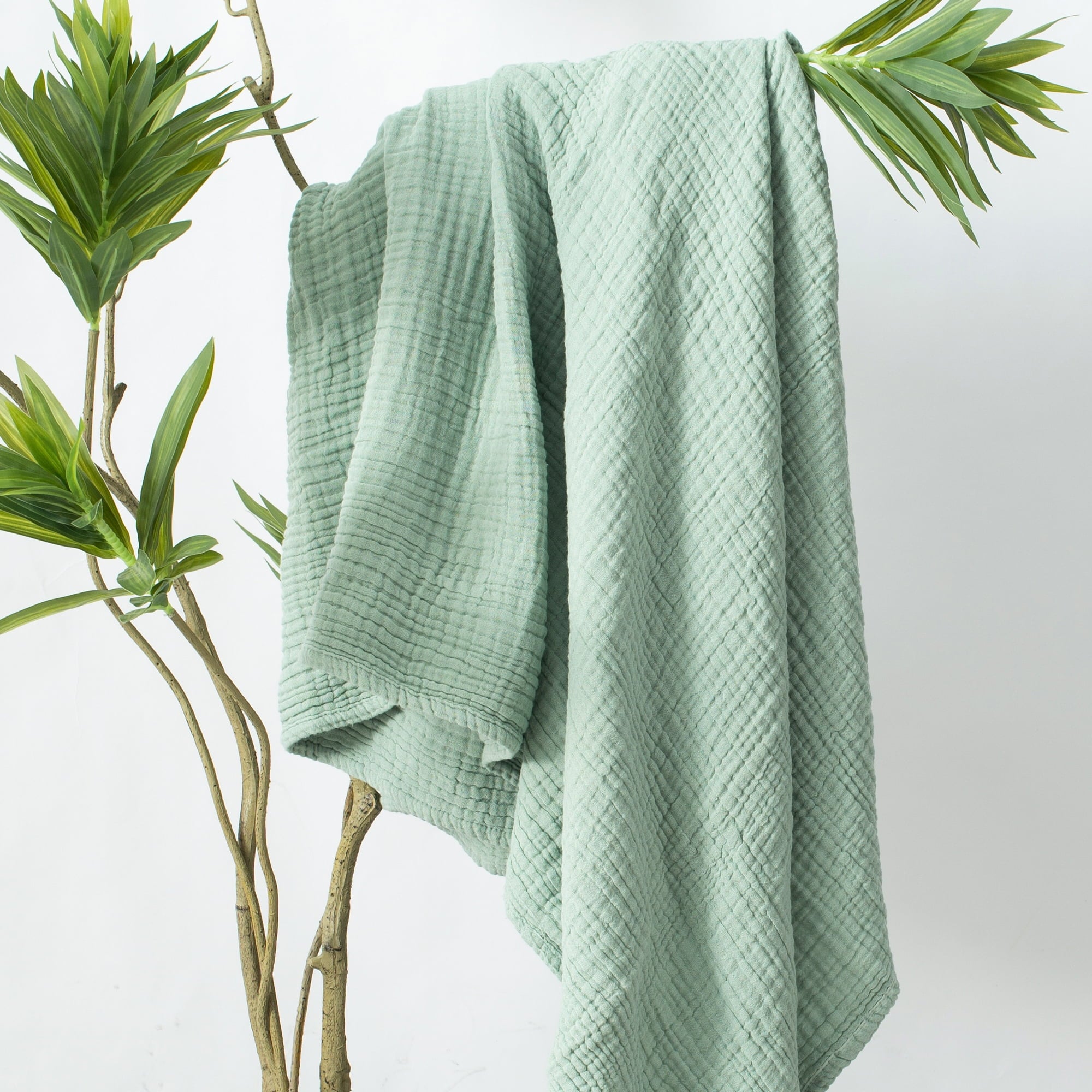 Cozy Fleece 100% Cotton Muslin Throw Blanket Gauze Blankets for Adults Soft Throws for Bed and Couch, 50" x 70" Sage Green - Super Soft Reversible Sherpa Flannel Blanket Detail