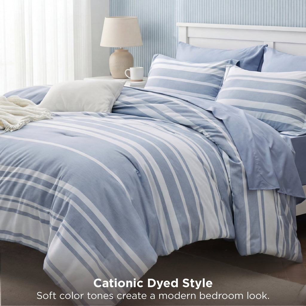 Luxurious Quilted Queen Comforter Set Blue, Bed in a Bag Queen Size Bedding 7-Pieces, Striped Bedding Set for All Seasons - Hypoallergenic Ultra-Fluffy Quilt for Winter Detail