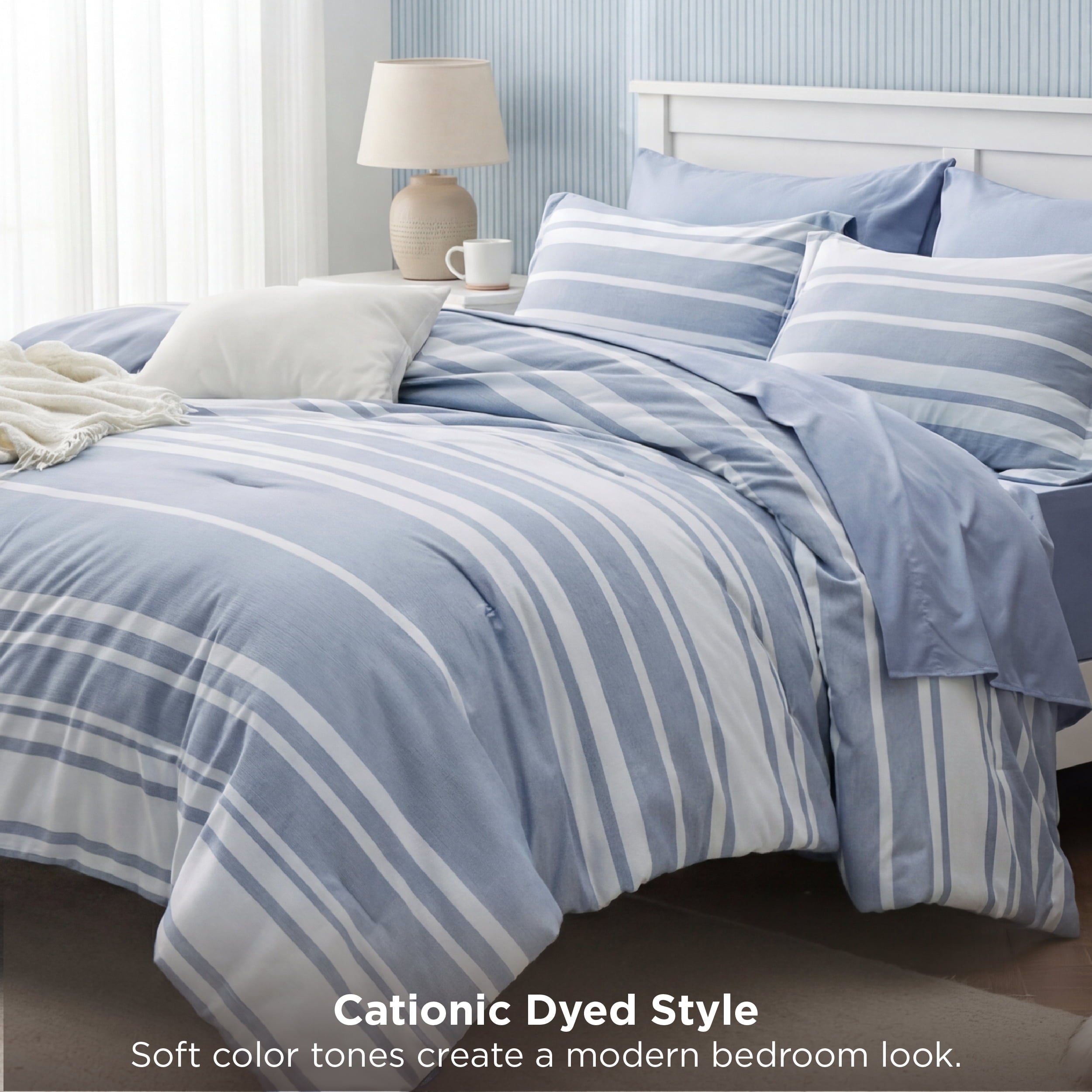 Luxurious Quilted Queen Comforter Set Blue, Bed in a Bag Queen Size Bedding 7-Pieces, Striped Bedding Set for All Seasons - Hypoallergenic Ultra-Fluffy Quilt for Winter Detail