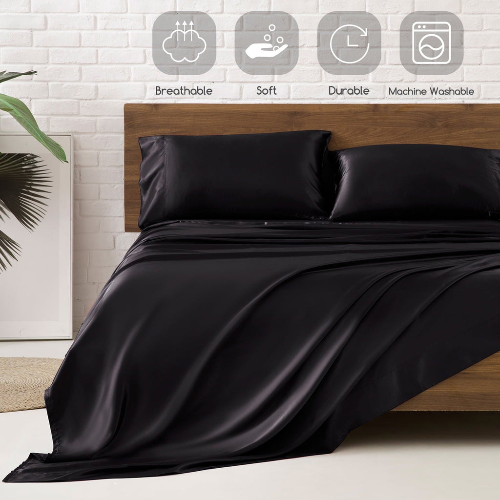 Cooling Sateen Set Queen 4 Pcs, Silky Elegant Luxurious Queen Size Bed s, with Flat , Deep Pocket Fitted for Mattress and Matching P... - Luxury Bed Sheet Set with Deep Pockets Detail