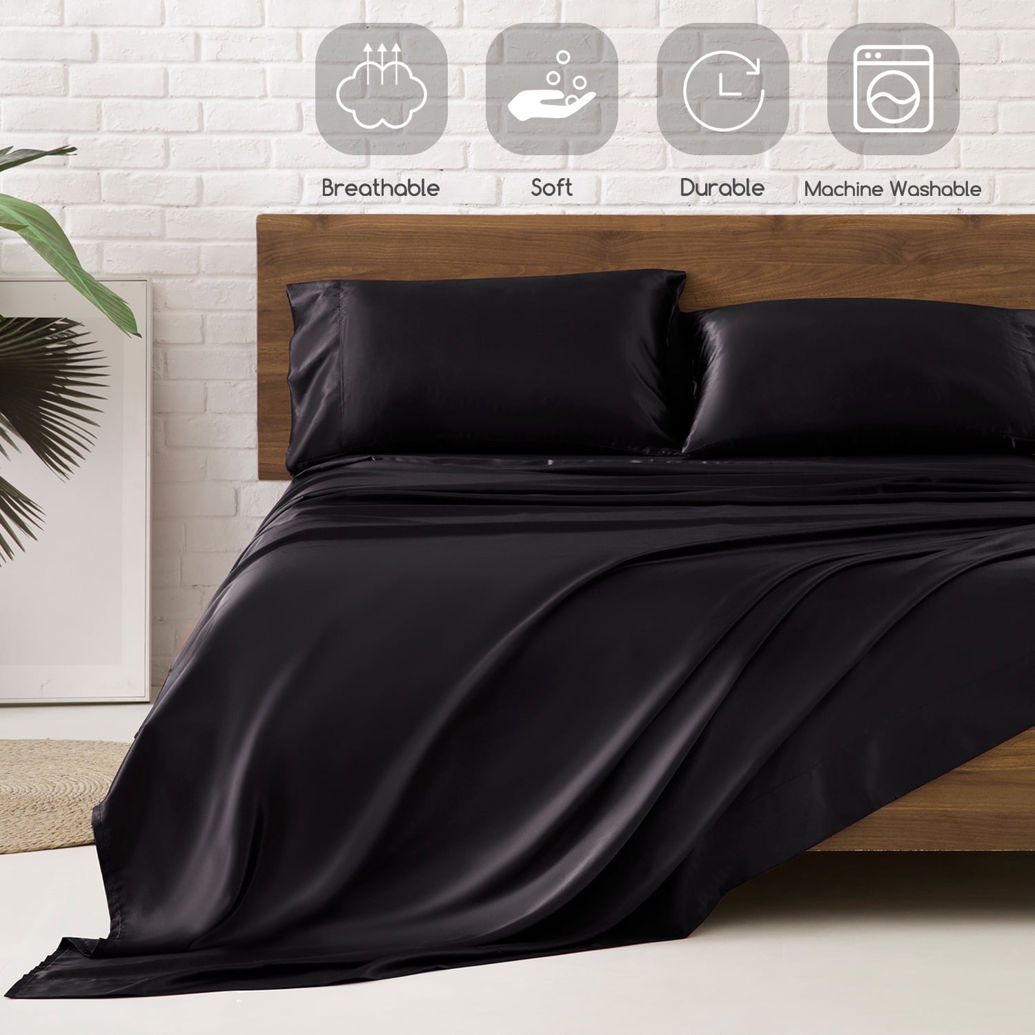 Cooling Sateen Set Queen 4 Pcs, Silky Elegant Luxurious Queen Size Bed s, with Flat , Deep Pocket Fitted for Mattress and Matching P... - Luxury Bed Sheet Set with Deep Pockets Detail