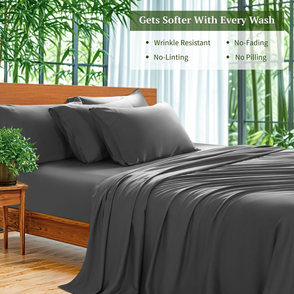 Wrinkle-Resistant 6 Pieces Bamboo Bed Sheets Set, Luxury Rayon Derived - Deep Pockets - Wrinkle Free - Extremely Soft, Queen, Dark Gray - Premium Ultra-Soft Pillowcase Pair for Sleeping Detail