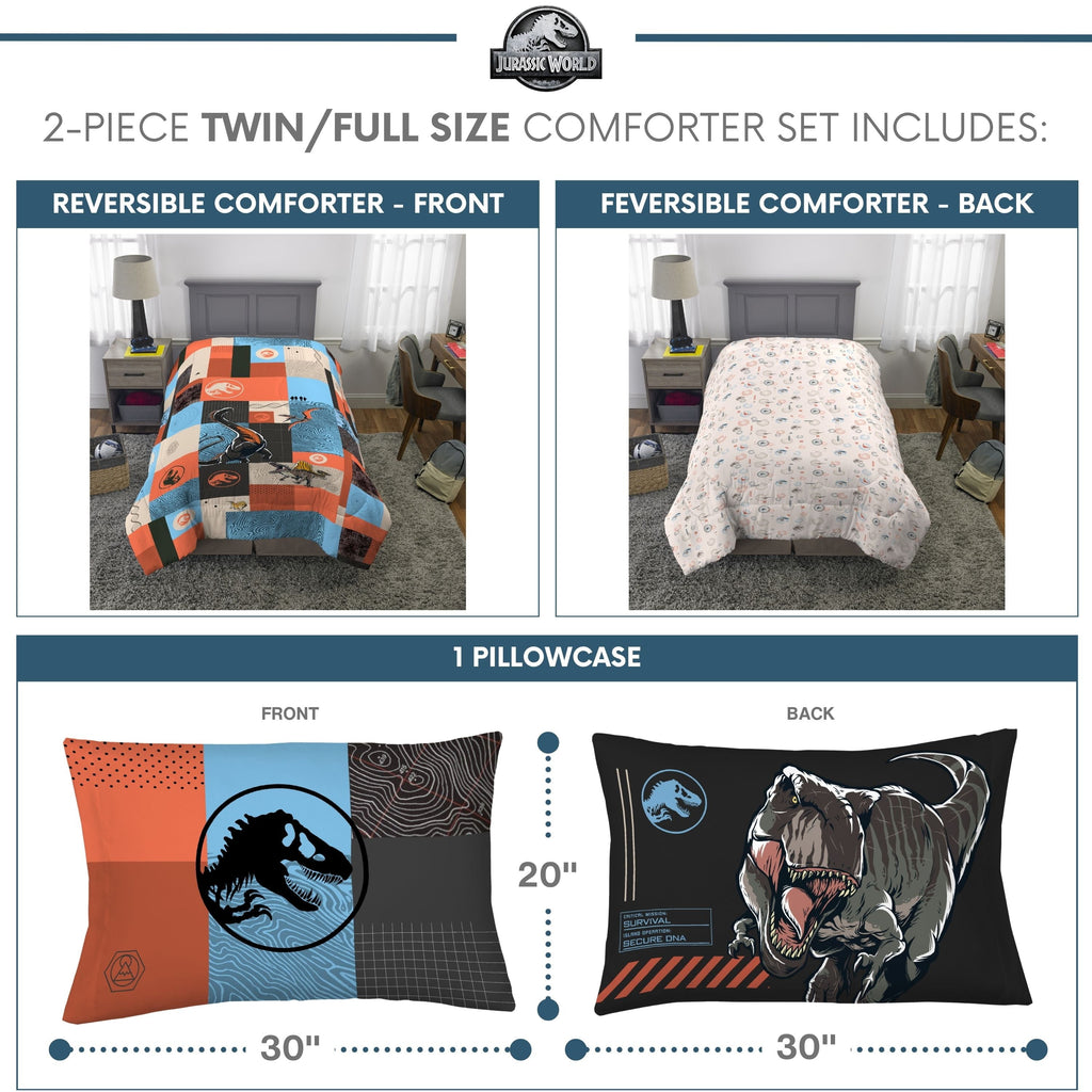 Luxurious Quilted Kids 2 Piece Blue Orange Reversible Dinosaur Comforter and Pillowcase set, Twin/full - Luxurious Quilted Duvet Cover Set Detail