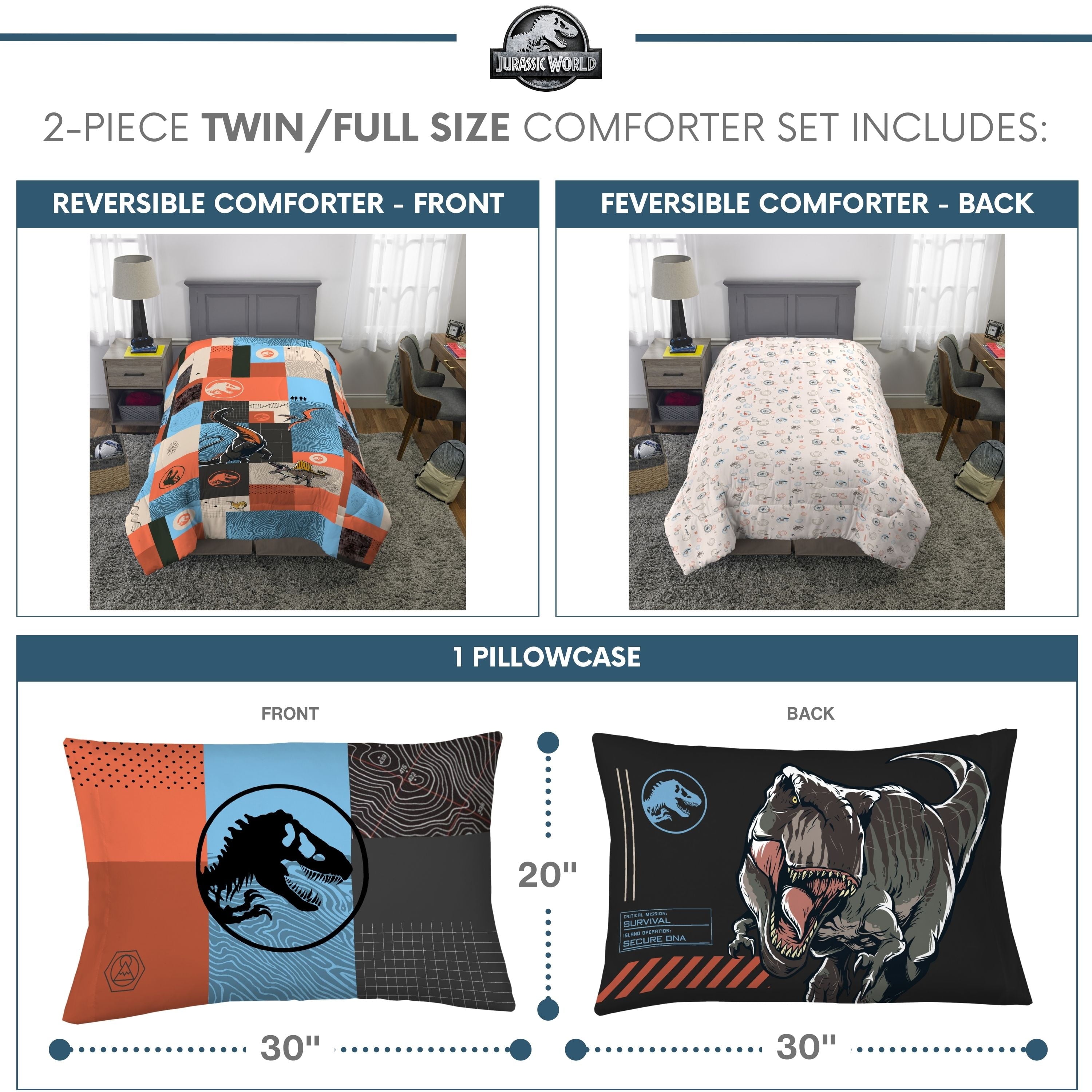 Luxurious Quilted Kids 2 Piece Blue Orange Reversible Dinosaur Comforter and Pillowcase set, Twin/full - Luxurious Quilted Duvet Cover Set Detail