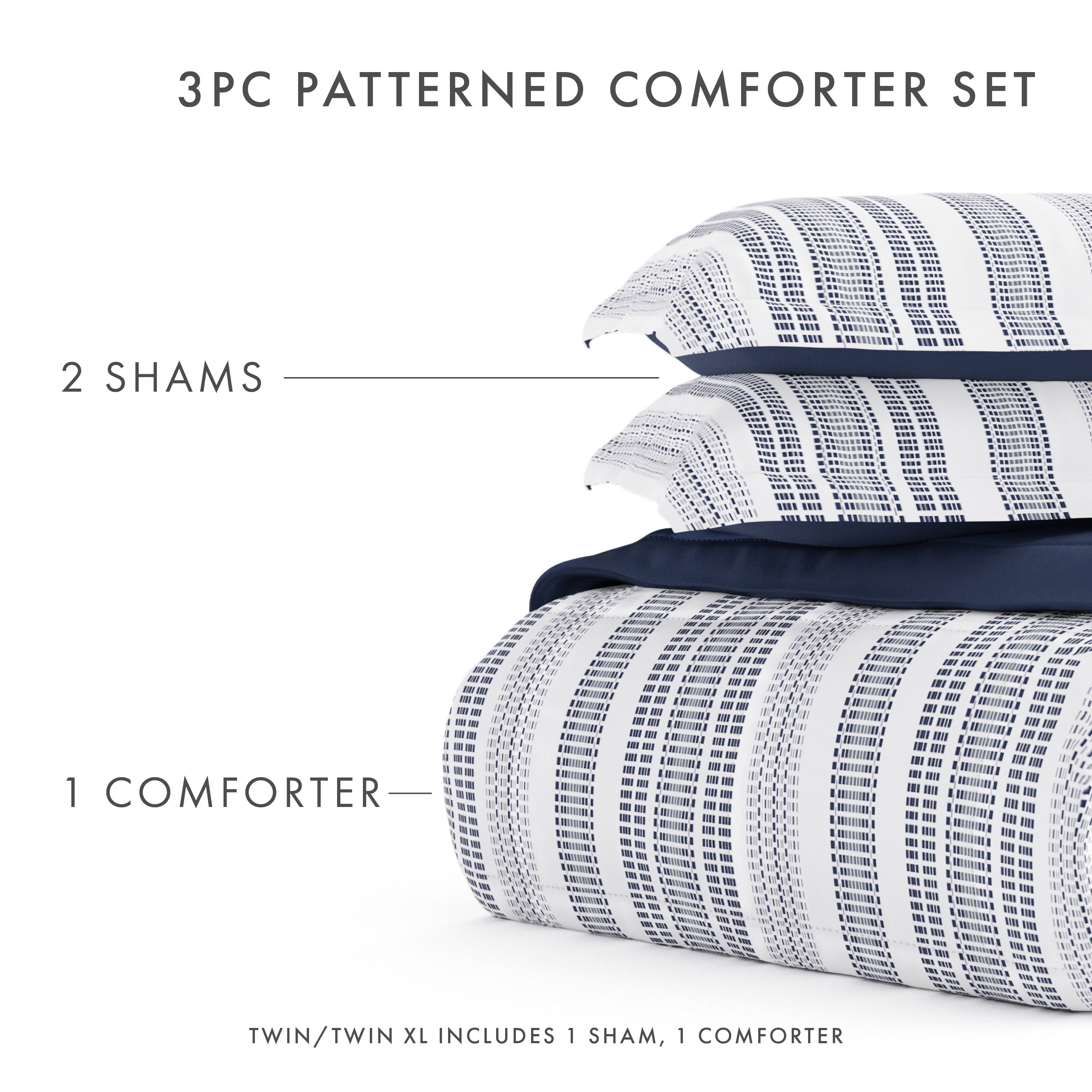 Luxurious Quilted 2-Piece Navy Farmhouse Dreams ReversiblePrint Comforter Set, Twin/TwinXL - All-Season Down Alternative Comforter Insert Detail
