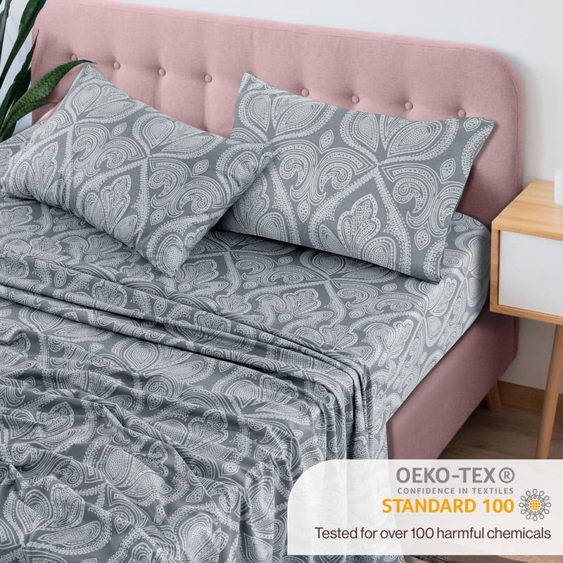 Premium Egyptian Cotton Lux Decor 4 Piece Queen Sheet Set, Brushed Microfiber Paisley Printed Bed Sheet Set with up to 16" Deep Pocket Fitted... - Cooling Hotel Quality Bedding Sheets and Pillowcases Detail
