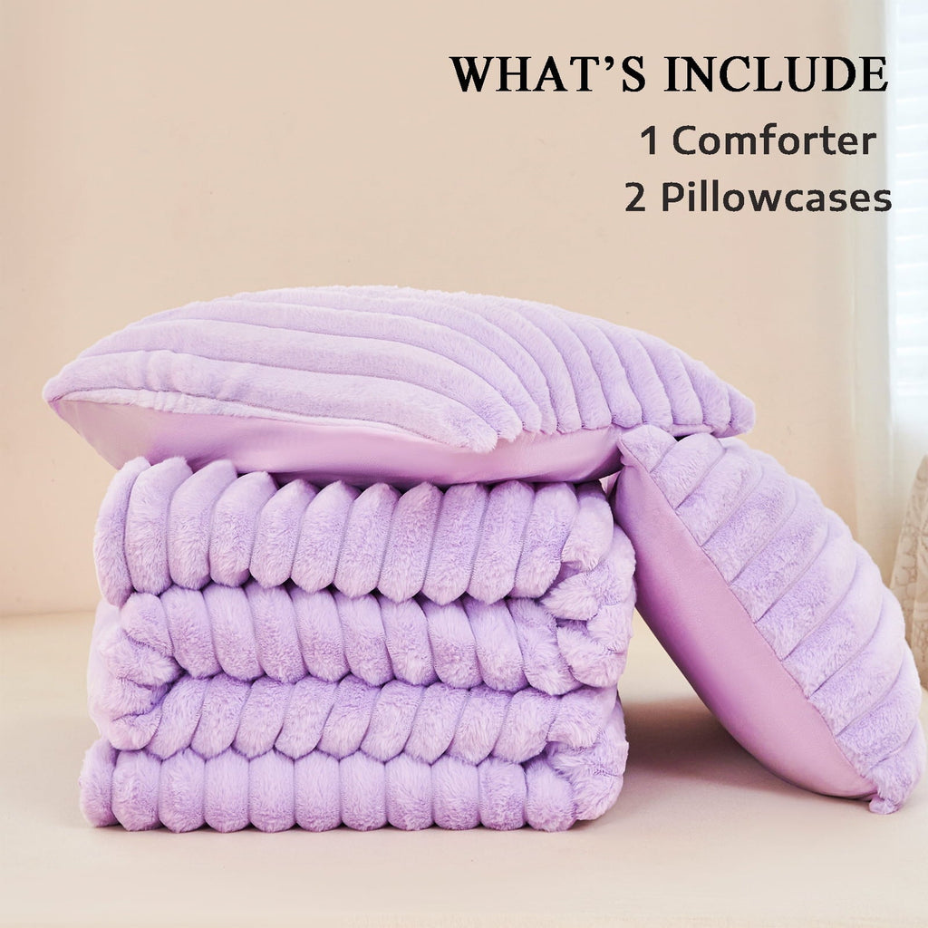 Heavyweight Warmth Fleece Twin Comforter Set, Light Purple Super Soft Furry Plush Bedding, Luxury Fluffy Fuzzy Heavy Bed Set for Winter ... - Luxurious Quilted Duvet Cover Set Detail