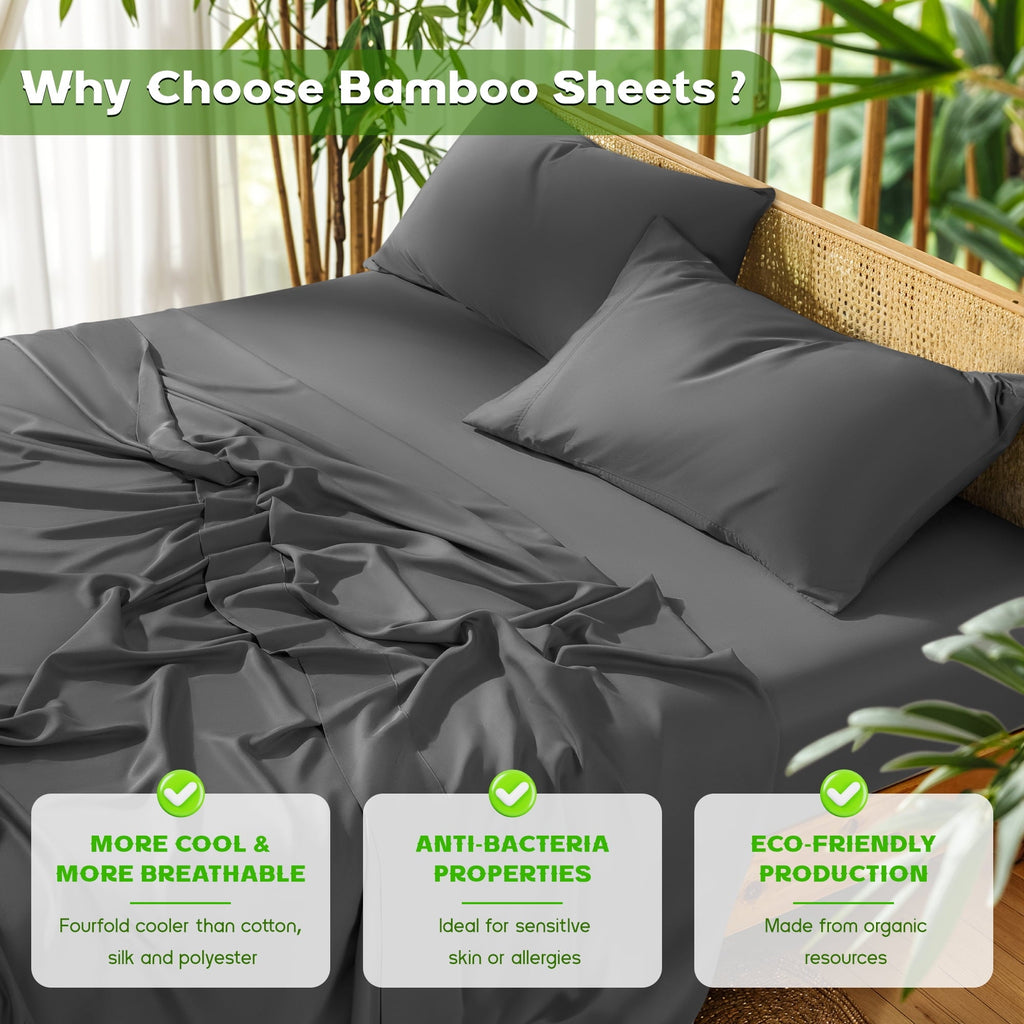 Premium Egyptian Cotton Luxury Bamboo Bed Sheet Set - Deep Pockets - 4 Piece, Queen, Dark Gray - Cooling Hotel Quality Bedding Sheets and Pillowcases Detail