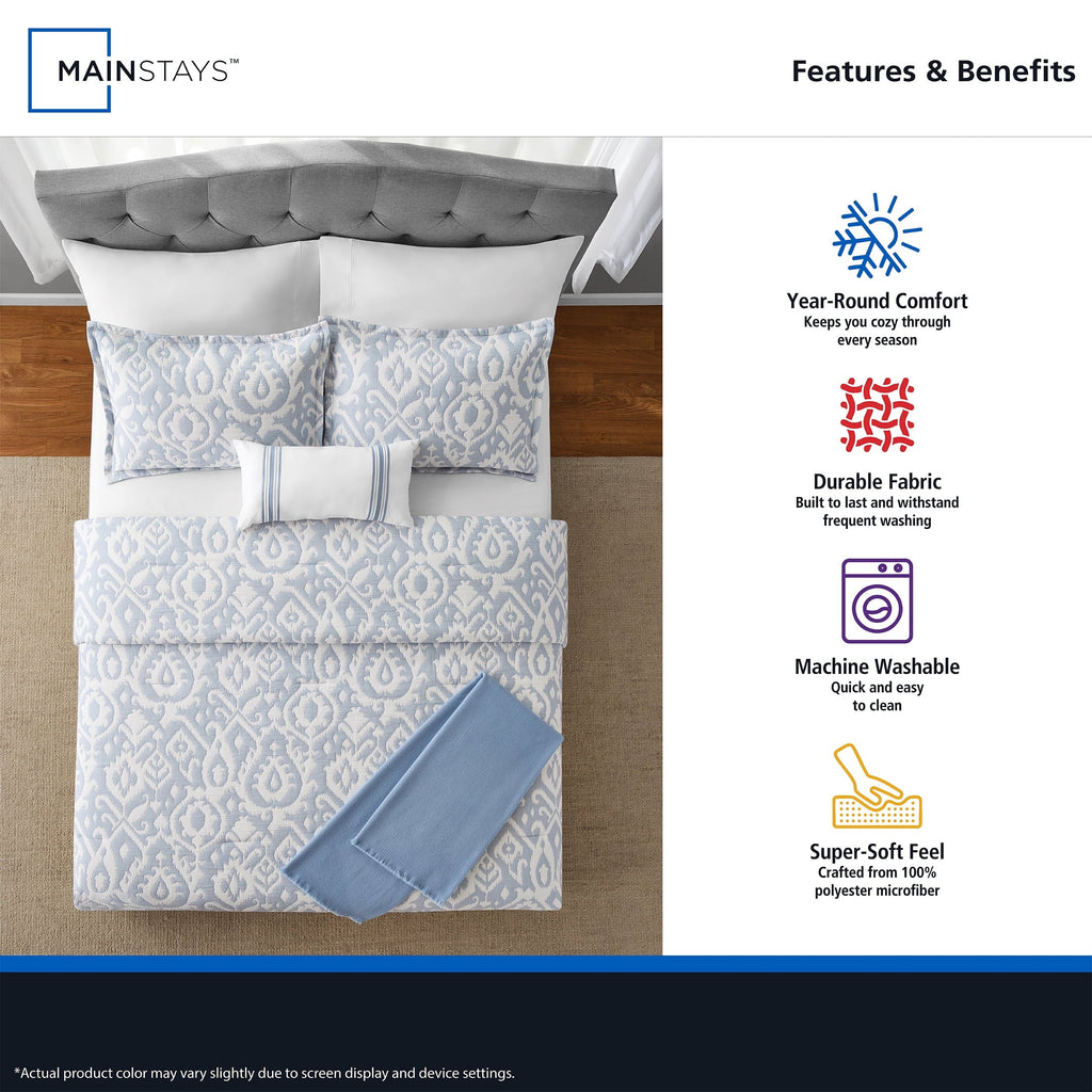 Luxurious Quilted Full/Queen Comforter Set, All-Season, 5-Piece, Blue Matelasse Ikat - All-Season Down Alternative Comforter Insert Detail