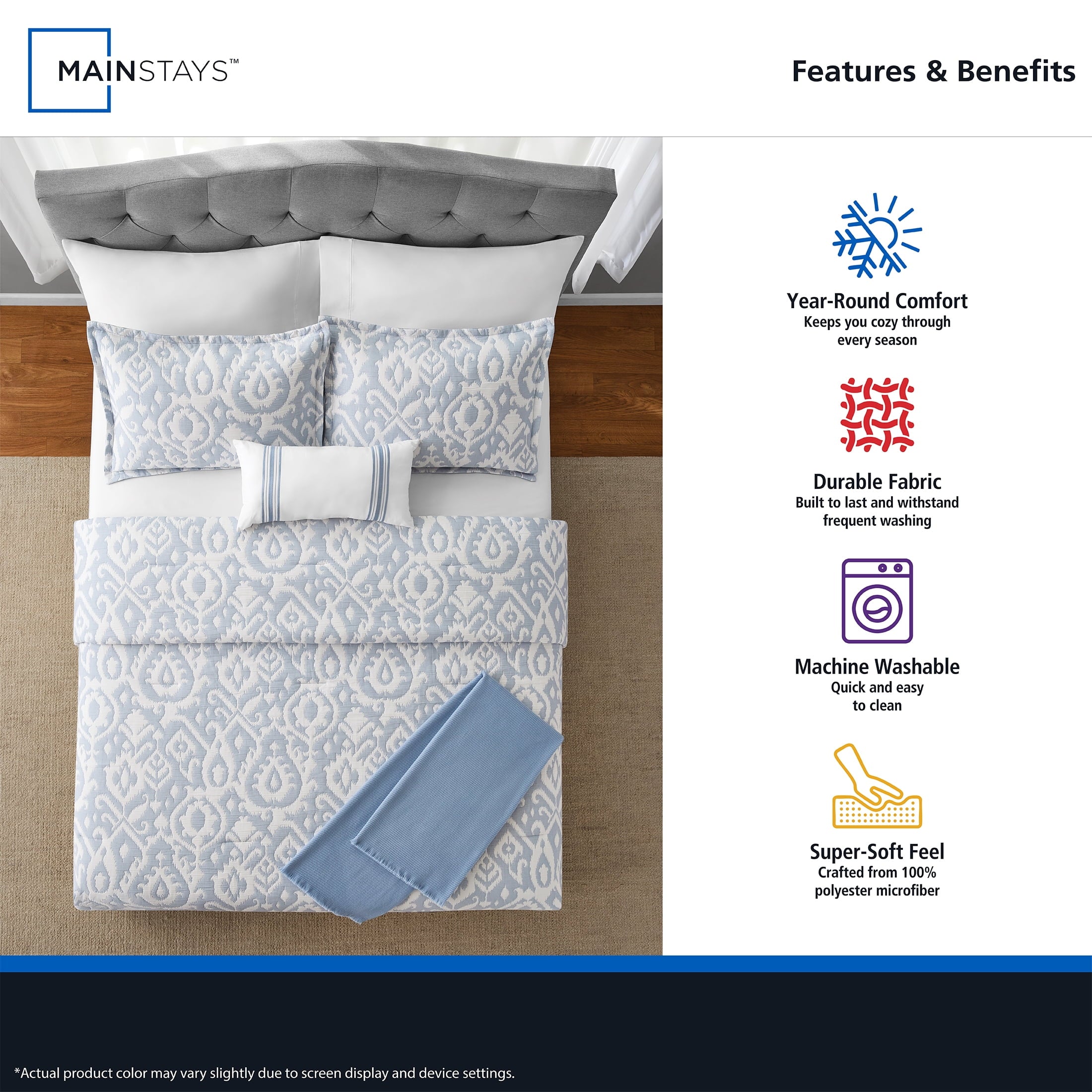 Luxurious Quilted Full/Queen Comforter Set, All-Season, 5-Piece, Blue Matelasse Ikat - All-Season Down Alternative Comforter Insert Detail