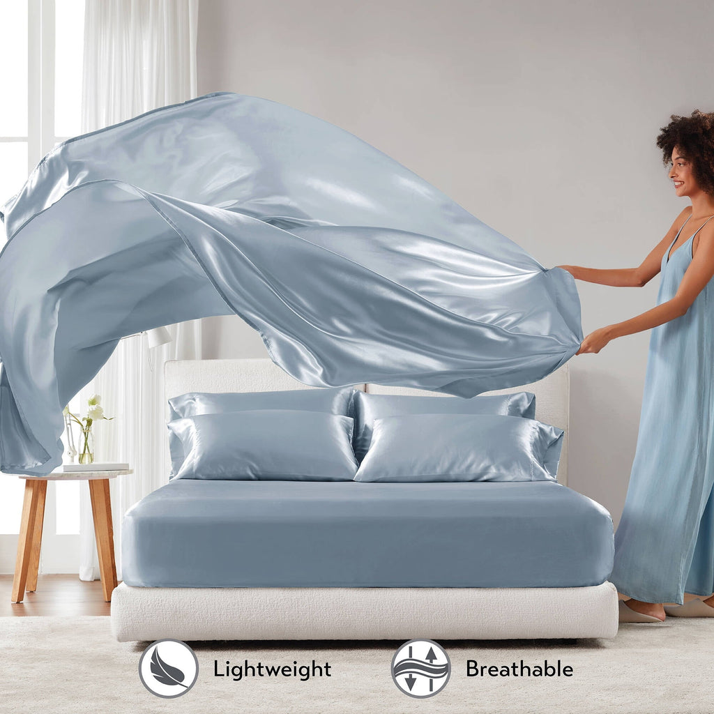 Wrinkle-Resistant Satin Sheet Set, Twin Bed Sheets with Pillowcases, 4-Piece Luxury Silky Sheet Set, Blue, Gifts for Women - Luxury Bed Sheet Set with Deep Pockets Detail