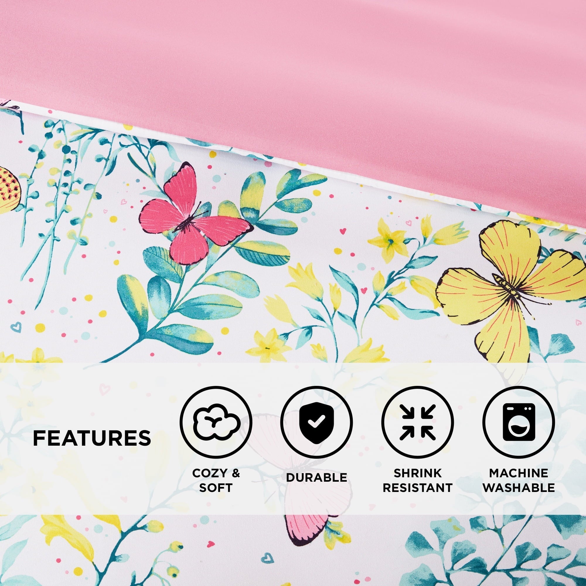 Hypoallergenic Cloud Full/Queen Size Comforter Sets, 4-Piece Kids Bedding Set for Girls, Butterfly Floral Comforter Bed Set, White/Pink - Luxurious Quilted Duvet Cover Set Detail