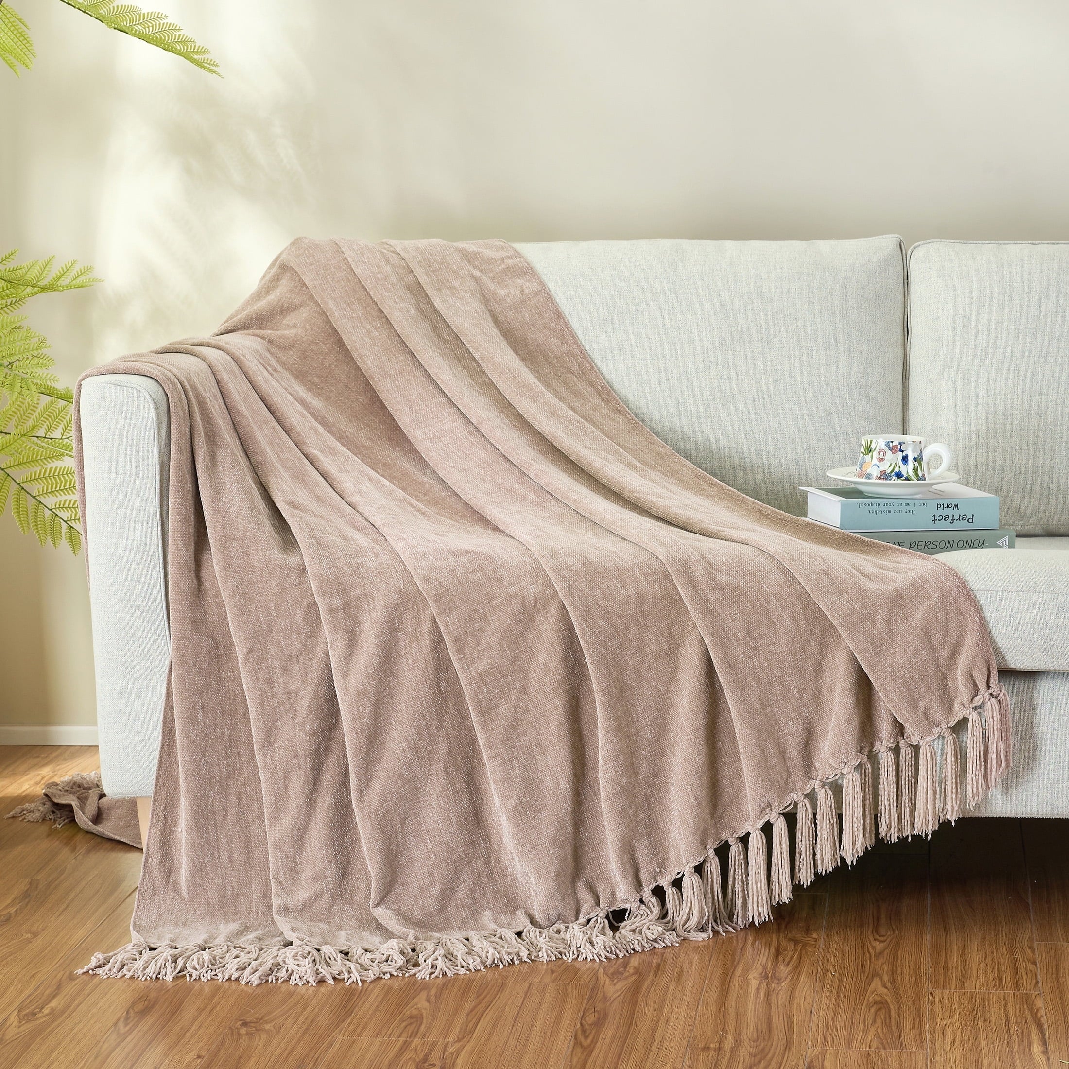 Cozy Fleece Chenille Throw Blanket with Fringe Tassel for Couch Sofa Chair Bed, Taupe 50" X 60" - Super Soft Reversible Sherpa Flannel Blanket Detail