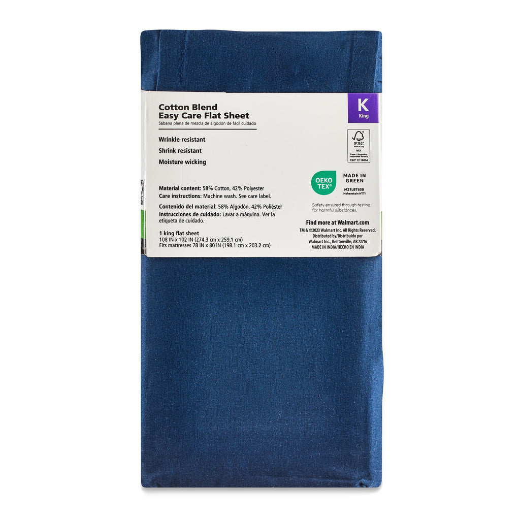 Breathable Luxury 300 Thread Count Easy Care Blue Cove Cotton Blend Percale Flat Bed Sheet, King - Breathable Egyptian Cotton Flat & Fitted Sheets Detail